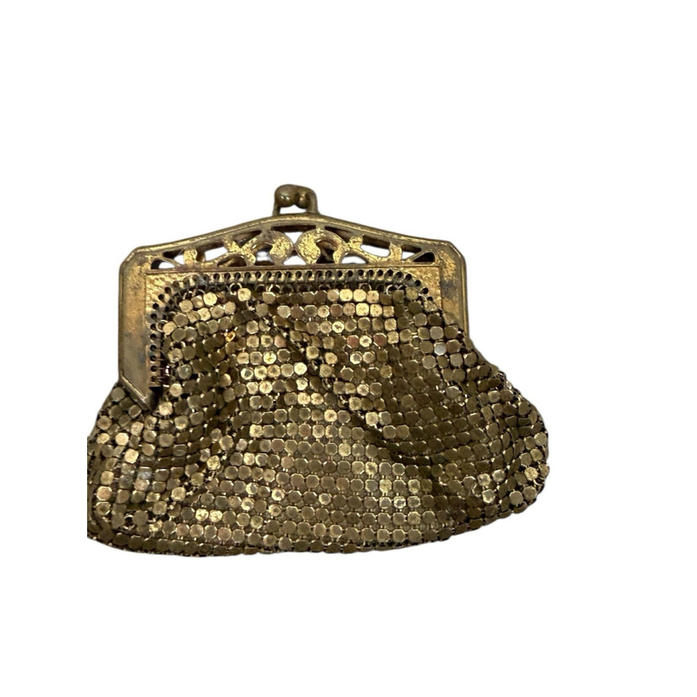 Whiting & Davis Gold Mesh Coin Change Purse With Jeweled Kiss Lock Metal Vtg